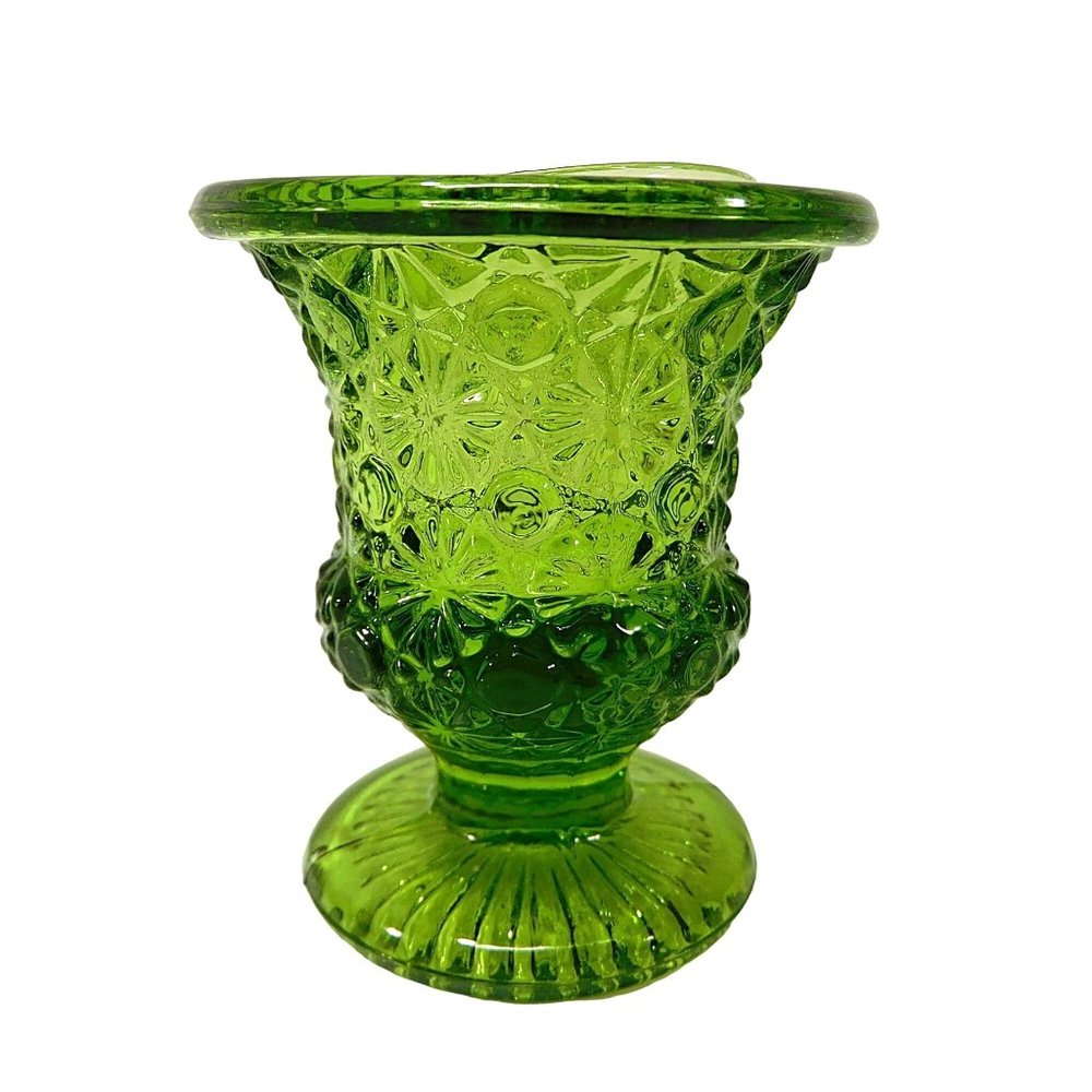 Vintage L.E. Smith Green Glass Daisy & Button Pedestal Urn Toothpick Holder